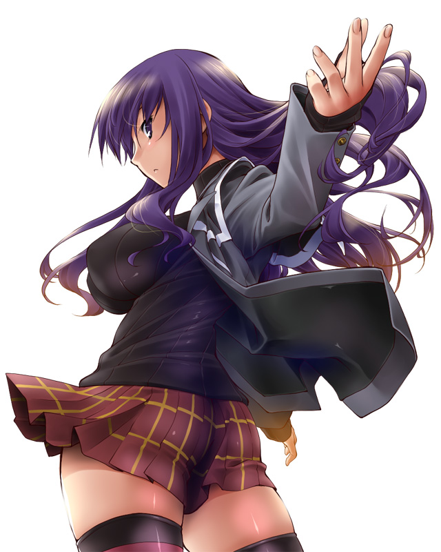 black_sweater breasts commentary_request impossible_clothes impossible_sweater jacket jon_shicchiou large_breasts long_hair looking_at_viewer looking_back malariya miniskirt open_clothes open_jacket pleated_skirt purple_eyes purple_hair quiz_magic_academy ribbed_sweater shirt single_horizontal_stripe skirt sleeves_past_wrists solo sweater thighhighs turtleneck turtleneck_sweater white_background wind zettai_ryouiki