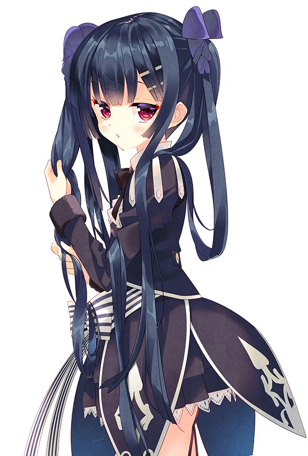 arikawa_satoru black_bow black_dress black_hair bow cowboy_shot dress flower_knight_girl from_side hair_bow long_hair looking_at_viewer purple_bow red_eyes solo striped striped_bow torikabuto_(flower_knight_girl) twintails white_background