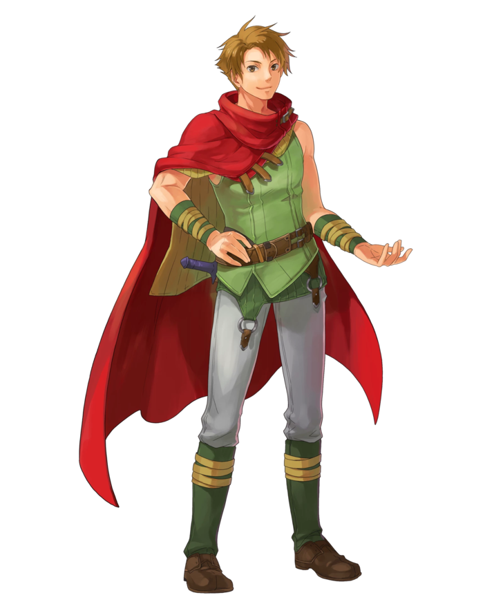 brown_eyes brown_hair cape cloak elbow_gloves fire_emblem fire_emblem:_rekka_no_ken fire_emblem_heroes full_body gloves looking_at_viewer male_focus matthew official_art okaya_mrh short_hair smile standing transparent_background weapon