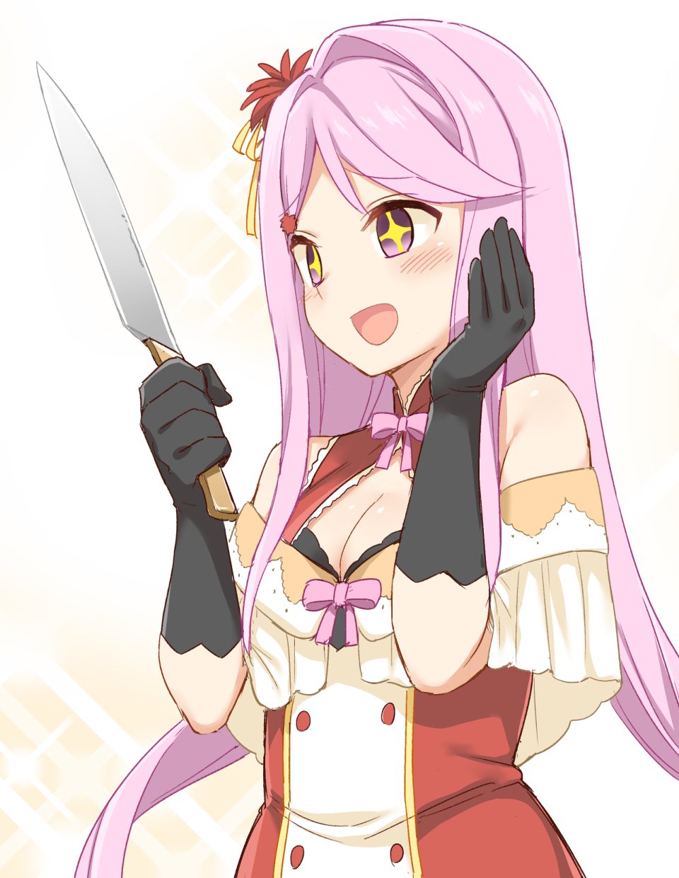 1girl :d blush bow cleavage_cutout flower_knight_girl highres holding holding_knife knife long_hair morino_harifu open_mouth pink_bow pink_eyes pink_hair sangobana_(flower_knight_girl) shirt smile solo upper_body white_background