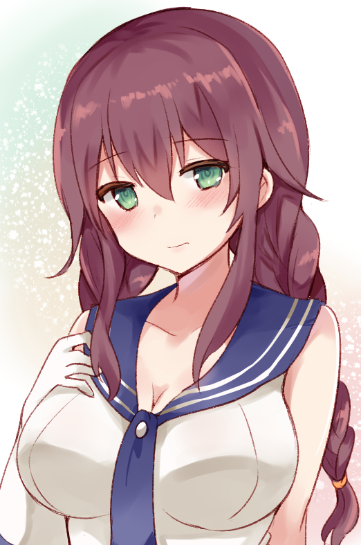 blush braid breasts brown_hair chiune_(yachi) cleavage commentary_request gloves green_eyes hand_on_own_chest kantai_collection large_breasts long_hair looking_at_viewer noshiro_(kantai_collection) sailor_collar twin_braids upper_body