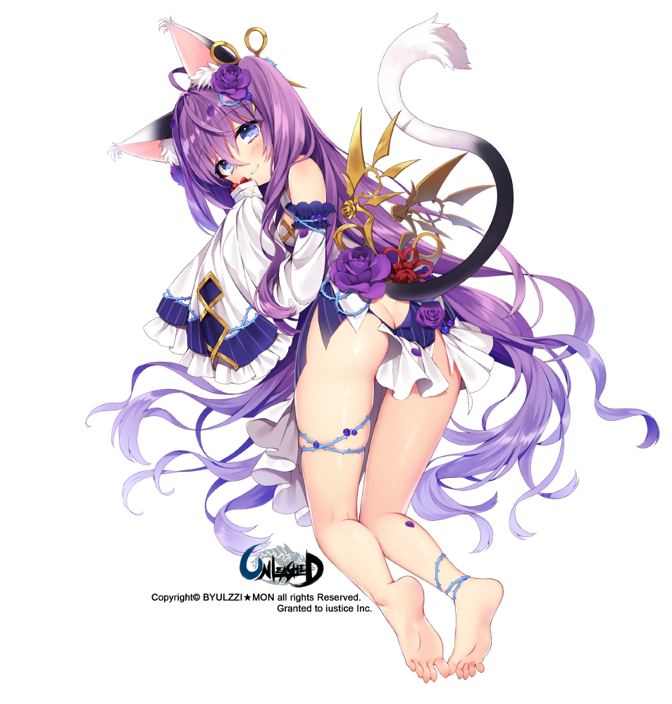 ahoge animal_ears artist_name ass bangs bare_legs barefoot blue_dress blue_eyes blush butt_crack byulzzimon cat_ears cat_tail closed_mouth copyright_name detached_sleeves dress eyebrows_visible_through_hair feet flower frilled_sleeves frills full_body gift hair_between_eyes hair_flower hair_ornament hand_up holding holding_gift kneeling kneepits light_smile long_hair looking_at_viewer official_art purple_flower purple_hair purple_rose revealing_clothes rose scissors scissors_hair_ornament smile soles solo striped striped_dress tail thighs thorns toes unleashed watermark