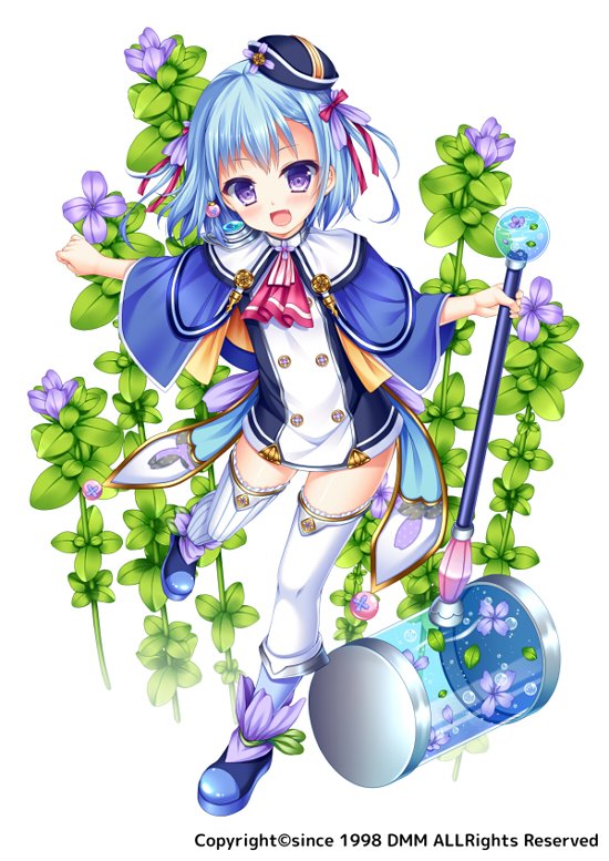 :d black_hat blue_capelet blue_footwear blue_hair boots capelet cravat flower flower_knight_girl full_body hammer hat holding holding_weapon knee_boots looking_at_viewer miniskirt mizubakopa_(flower_knight_girl) object_namesake official_art open_mouth purple_eyes shitou short_hair skirt smile solo standing standing_on_one_leg thighhighs weapon white_background white_legwear