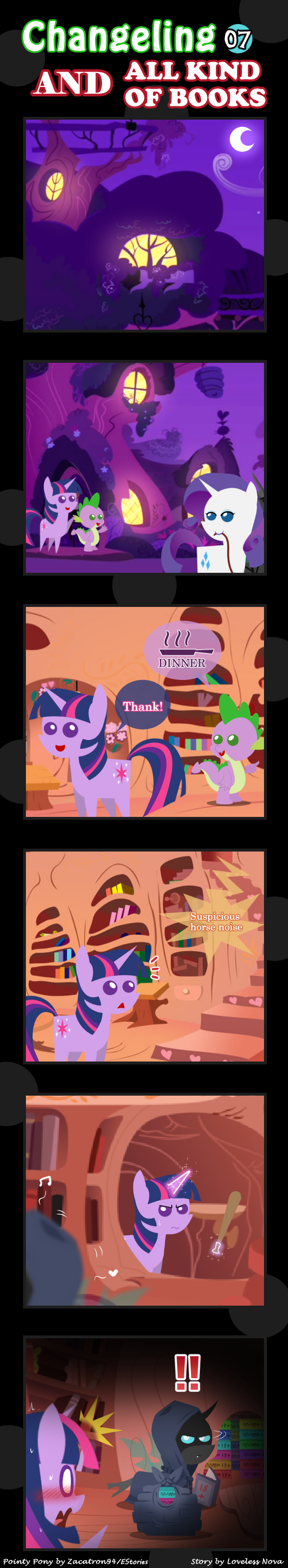 absurd_res book changeling comic cutie_mark dragon english_text equine female feral friendship_is_magic hair hammer hi_res horn horse insect_wings inside leash library male mammal moon multicolored_hair my_little_pony open_mouth pony scalie sky spike_(mlp) text tools tree twilight_sparkle_(mlp) unicorn vavacung wings
