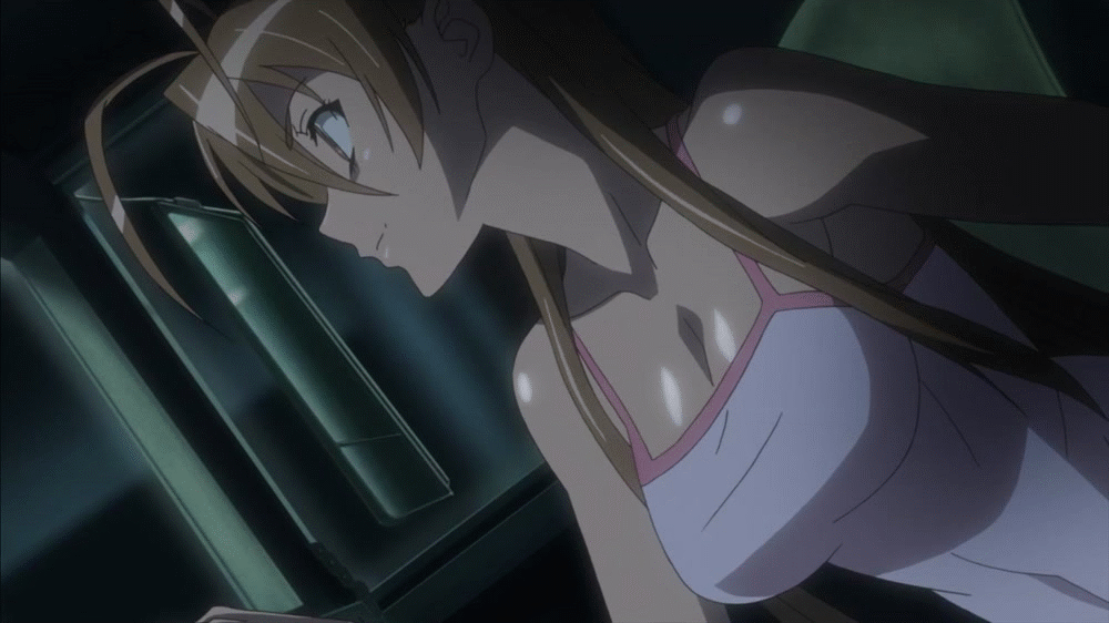 10s 1girl animated animated_gif antenna_hair arm bare_arms bare_shoulders bouncing_breasts breasts brown_eyes brown_hair cleavage closed_mouth collarbone covered_navel dutch_angle female hair_between_eyes highres highschool_of_the_dead large_breasts long_hair matching_hair/eyes mirror miyamoto_rei neck reflection shiny shiny_hair shiny_skin sitting smile solo tank_top upper_body vehicle white_tank_top