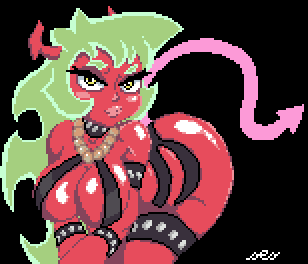2017 animated bedroom_eyes bent_over big_breasts biped black_background blush bracelet breasts cleavage clothed clothing collar demon digital_media_(artwork) eyelashes female front_view green_hair hair half-closed_eyes horn humanoid jewelry leather lipstick long_hair looking_at_viewer loop low_res makeup necklace not_furry panty_and_stocking_with_garterbelt pixel_(artwork) pixel_animation portrait presenting presenting_breasts red_horn red_skin scanty seductive ses_vanbrubles shiny signature simple_background skimpy skinsuit smile solo spade_tail spiked_bracelet spiked_collar spikes teasing three-quarter_portrait tight_clothing yellow_eyes