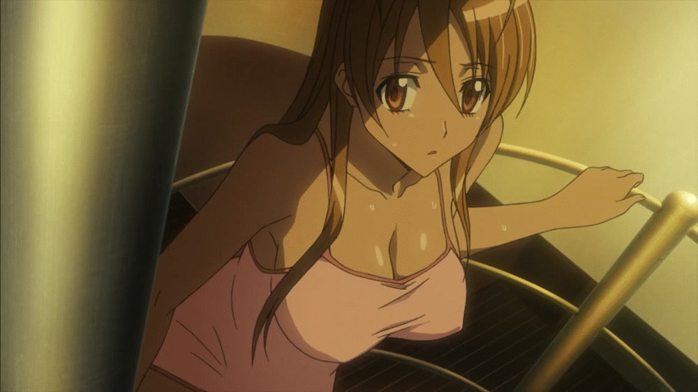 1girl animated animated_gif bouncing_breasts breasts brown_hair highschool_of_the_dead large_breasts long_hair miyamoto_rei red_eyes solo