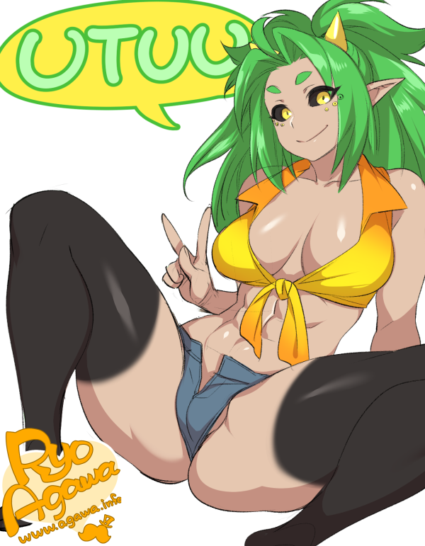 2017 5_fingers 8_eyes abs arm_support big_breasts biped black_sclera black_skin blue_bottomwear blue_clothing breasts camel_toe character_name clothed clothing crop_top cutoffs demon denim_shorts digital_drawing_(artwork) digital_media_(artwork) english_text eyelashes female front_view green_hair hair horn humanoid humanoid_hands japanese leaning leaning_back light_skin long_hair looking_at_viewer markings midriff multi_eye multicolored_skin not_furry pointy_ears portrait reclining ryo_agawa shirt shorts simple_background sitting slim slit_pupils smile socks_(marking) solo speech_bubble spread_legs spreading tan_skin text three-quarter_portrait tied_shirt two_tone_skin unzipped url utuu_(dynamo-x) v_sign watermark white_background yellow_clothing yellow_eyes yellow_horn yellow_topwear