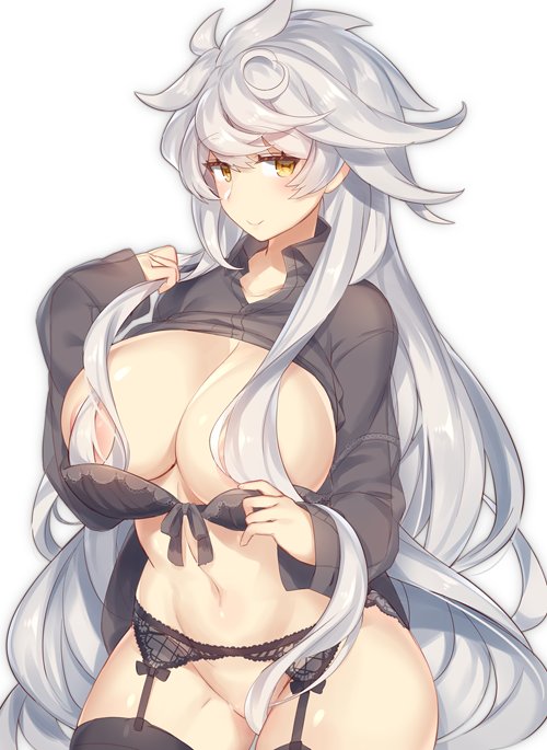 alternate_costume asymmetrical_hair black_shirt blush bra bra_removed breasts closed_mouth commentary_request convenient_censoring cowboy_shot garter_straps hair_censor hair_over_breasts kantai_collection large_breasts long_hair long_sleeves looking_at_viewer navel no_panties shirt shirt_lift silver_hair smile solo stomach underwear unryuu_(kantai_collection) very_long_hair wavy_hair yamaarashi yellow_eyes