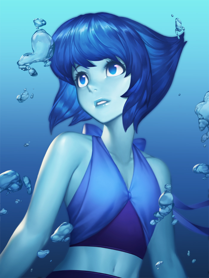 air_bubble bare_shoulders bling_(wnsdud34) blue blue_eyes blue_hair blue_lips blue_skin bubble lapis_lazuli_(steven_universe) looking_up midriff navel parted_lips short_hair solo steven_universe submerged underwater upper_body