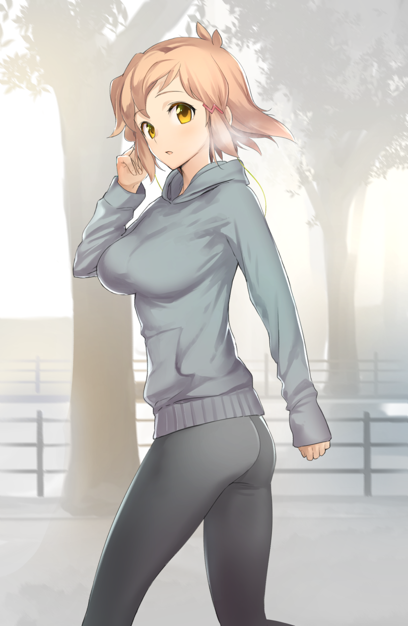 5iz0 ass bad_id bad_pixiv_id bangs black_legwear breasts brown_eyes brown_hair cowboy_shot fog from_side grey_hoodie hair_ornament hairclip hand_on_own_face headphones highres hood hoodie large_breasts leggings long_sleeves looking_at_viewer morning open_mouth outdoors outstretched_hand senki_zesshou_symphogear short_hair sidelocks solo tachibana_hibiki_(symphogear) tree walking