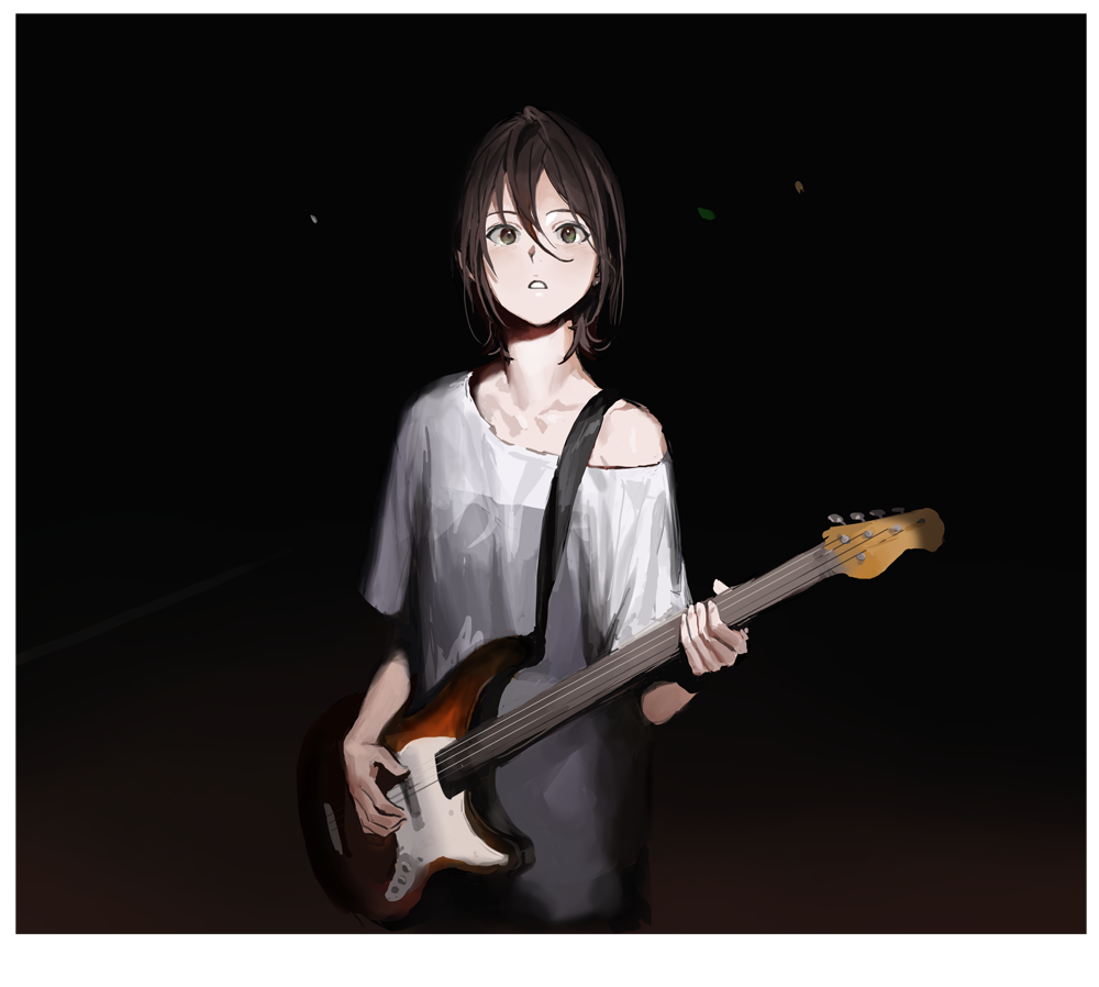 bangs brown_eyes brown_hair commentary dark_background guitar hair_between_eyes holding holding_instrument instrument looking_at_viewer off_shoulder parted_lips rr_(suisse200) shirt short_hair short_sleeves solo standing upper_body white_shirt
