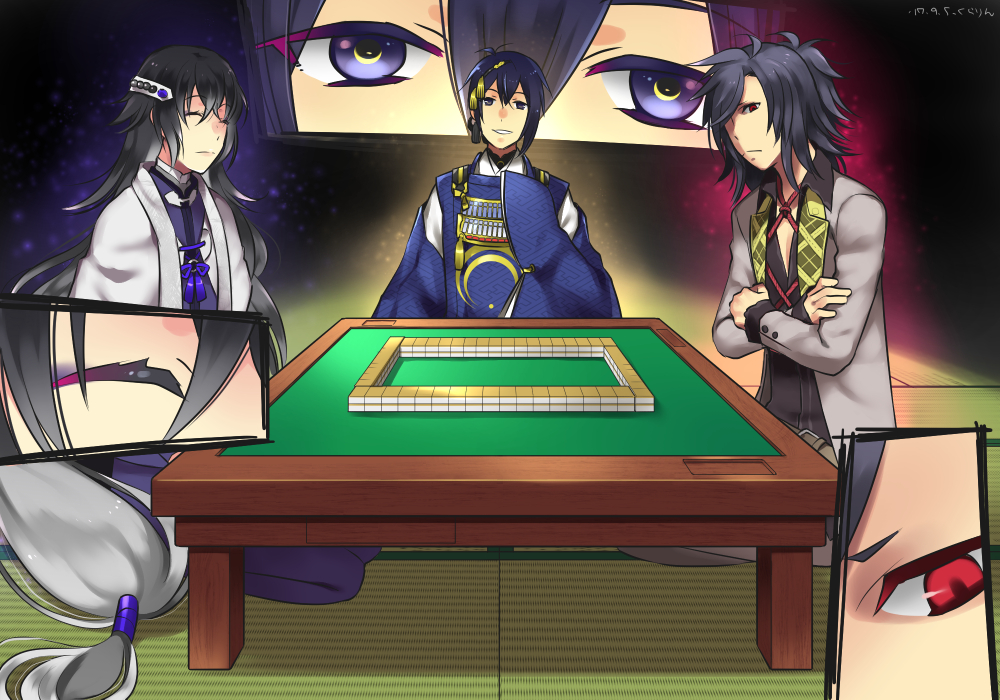 black_hair blue_eyes closed_eyes crossed_arms gradient_hair indian_style japanese_clothes juzumaru_tsunetsugu kurarin long_hair looking_at_viewer low-tied_long_hair mahjong male_focus mikazuki_munechika multicolored_hair multiple_boys oodenta_mitsuyo red_eyes sayagata seiza sitting smile table touken_ranbu very_long_hair white_hair