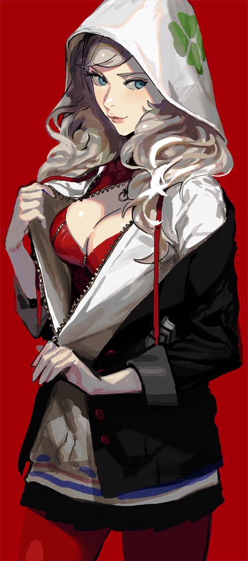 bangs blonde_hair blue_eyes breasts closed_mouth clover four-leaf_clover gloves hood hood_up hoodie large_breasts long_hair looking_at_viewer looking_to_the_side persona persona_5 red_background rr_(suisse200) simple_background smile solo swept_bangs takamaki_anne twintails