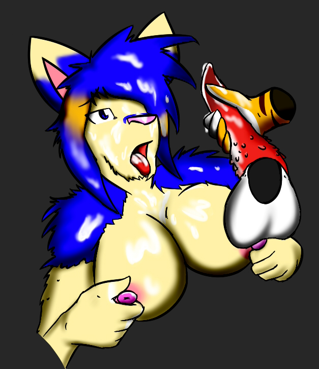 anatomically barbed_penis blue_fur blue_hair breasts cat correct cum feline female fur genitals hair highlights male male/female mammal open_mouth penis pink_nose squeezing tan_fur tiger tongue