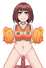 1boy 1girl ;) animated animated_gif belly blush boku_no_hero_academia bottomless bouncing_breasts breasts brown_eyes brown_hair cheerleader cowgirl_position cum cum_in_pussy girl_on_top looking_at_viewer navel pixelated pom_poms pussy sex smile stomach uraraka_ochako vaginal