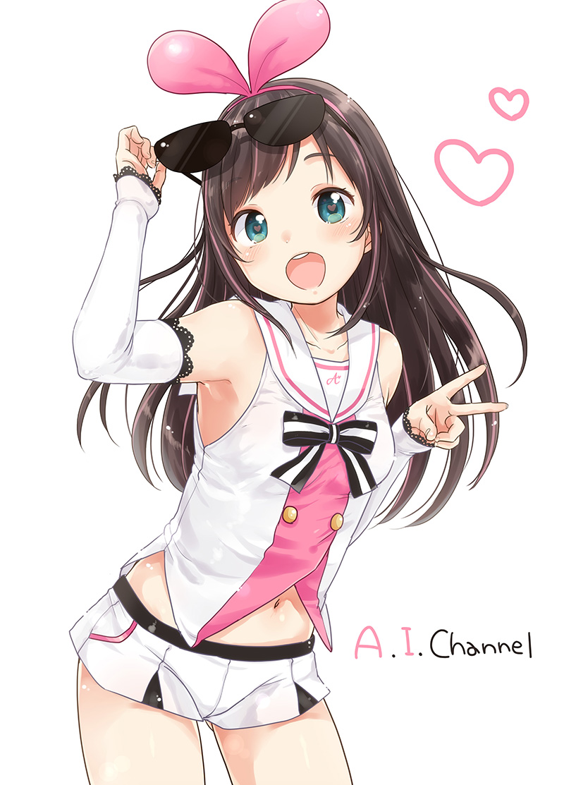 :d a.i._channel arm_up arm_warmers bangs blue_eyes bow brown_hair commentary_request contrapposto copyright_name cowboy_shot eyebrows_visible_through_hair eyewear_on_head hair_bow hairband hand_up heart kizuna_ai long_hair looking_at_viewer multicolored_hair navel open_mouth pink_bow pink_hair round_teeth short_shorts shorts simple_background smile solo standing streaked_hair sunglasses swept_bangs tareme teeth thighs v virtual_youtuber white_background yukiu_kon