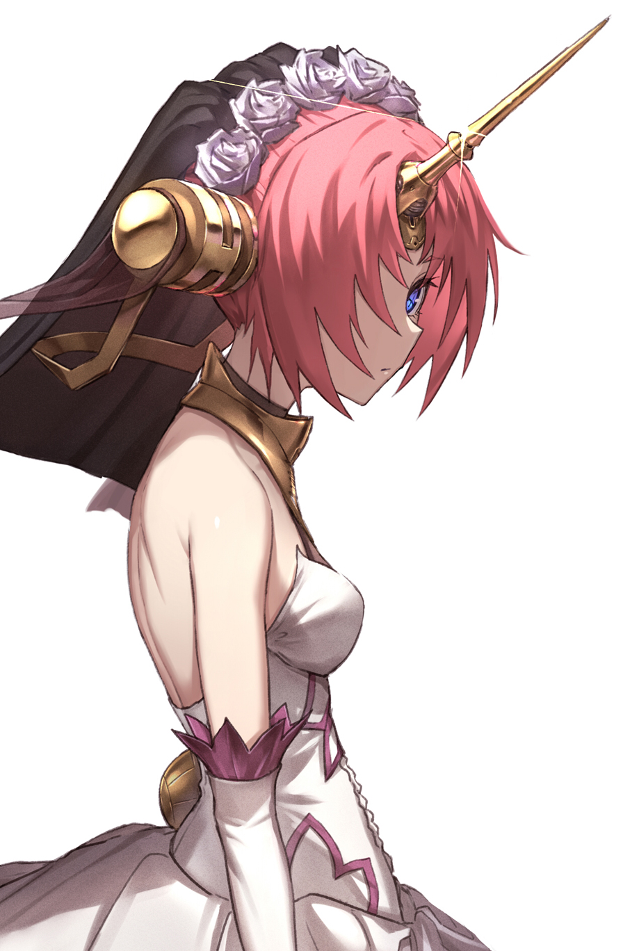 bangs bare_shoulders blue_eyes breasts closed_mouth commentary_request dress elbow_gloves expressionless famepeera fate/apocrypha fate_(series) frankenstein's_monster_(fate) glint gloves hair_over_one_eye highres horn looking_at_viewer parted_bangs pink_hair short_hair simple_background small_breasts solo upper_body veil white_background white_dress white_gloves