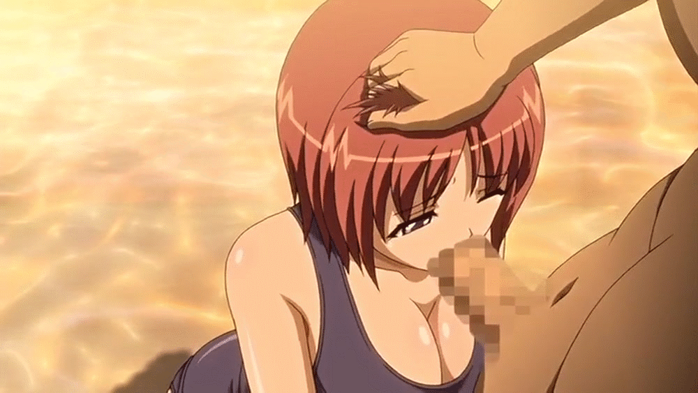 00s 1boy 1girl animated animated_gif breasts cleavage deepthroat fellatio hair_grab helter_skelter irrumatio large_breasts oral red_hair school_swimsuit short_hair