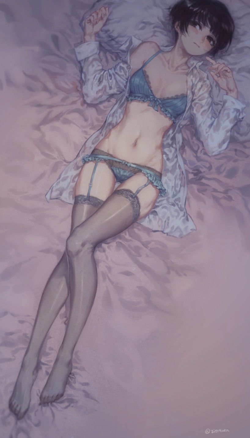 bed_sheet black_eyes black_hair black_legwear blue_bra blush bow bow_bra bra breasts brown_legwear cleavage collarbone dutch_angle frilled_bra frills full_body garter_belt groin highres knees_together_feet_apart lace lace-trimmed_bra lace-trimmed_panties lace-trimmed_thighhighs looking_at_viewer looking_away lying navel nightgown on_back on_bed open_clothes open_shirt panties pillow psycho-pass see-through shirt short_hair small_breasts solo thigh_gap thighhighs tsunemori_akane tuta twitter_username underwear
