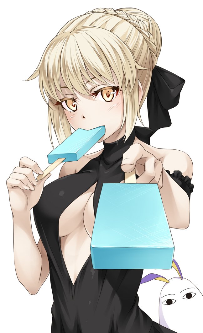 &lt;o&gt;_&lt;o&gt; animal_ears artoria_pendragon_(all) bangs bare_shoulders black_dress blonde_hair blush braid breasts center_opening commentary_request cosplay dress eating fate/grand_order fate_(series) feeding food foreshortening french_braid hair_ribbon jackal_ears jitome looking_at_viewer medium_breasts medjed medjed_(cosplay) mukunokino_isshiki multiple_girls nitocris_(fate/grand_order) nitocris_(swimsuit_assassin)_(fate) popsicle pov_feeding ribbon saber_alter simple_background sleeveless sleeveless_dress sleeveless_turtleneck turtleneck upper_body white_background yellow_eyes