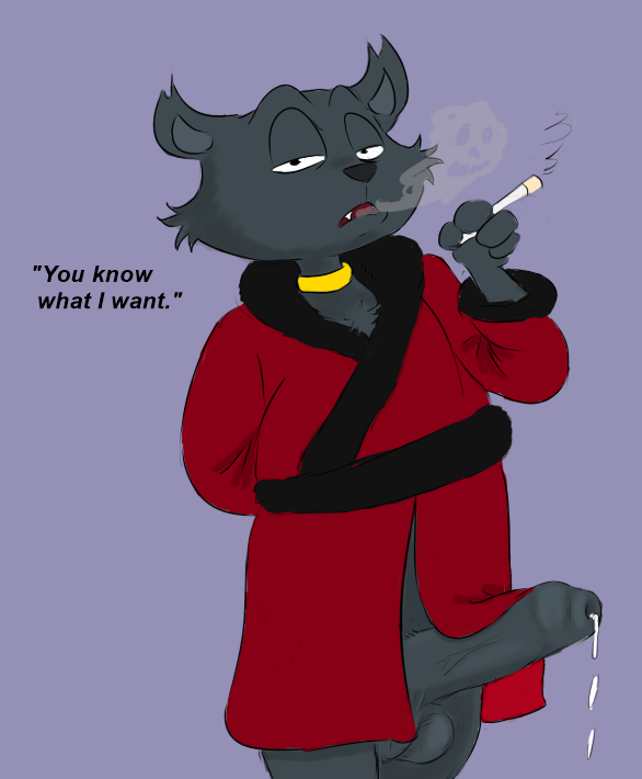 anthro balls black_fur cat cigarette clothed clothing collar dripping erection feline fur grandschemetheme half-closed_eyes long_foreskin low_res male mammal partially_clothed penis precum presenting robe sabrina:_the_animated_series sabrina_the_teenage_witch salem_saberhagen smoking solo uncut