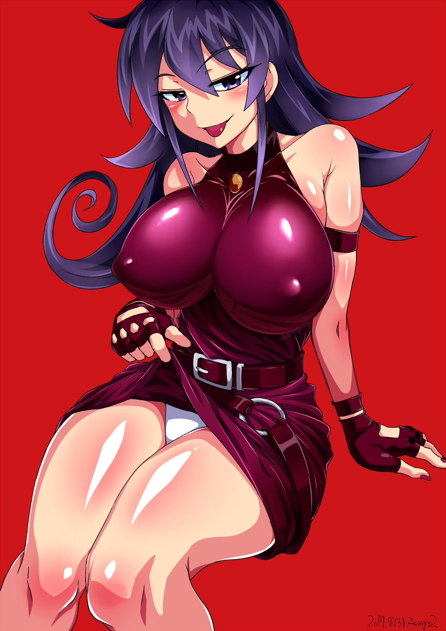 arm_support artist_name bare_shoulders belt blue_hair blush breasts choker covered_nipples curly_hair dated dress dress_lift duel_masters fingerless_gloves gloves hair_between_eyes half-closed_eyes halterneck highres impossible_clothes impossible_dress invisible_chair knees large_breasts lifted_by_self long_hair looking_at_viewer nail_polish naughty_face panties purple_dress purple_eyes purple_gloves purple_hair purple_nails red_background seductive_smile shiny shiny_clothes shiny_skin simple_background sitting smile solo tasogare_mimi taut_clothes taut_dress tongue tongue_out underwear white_panties zasshu_nigou