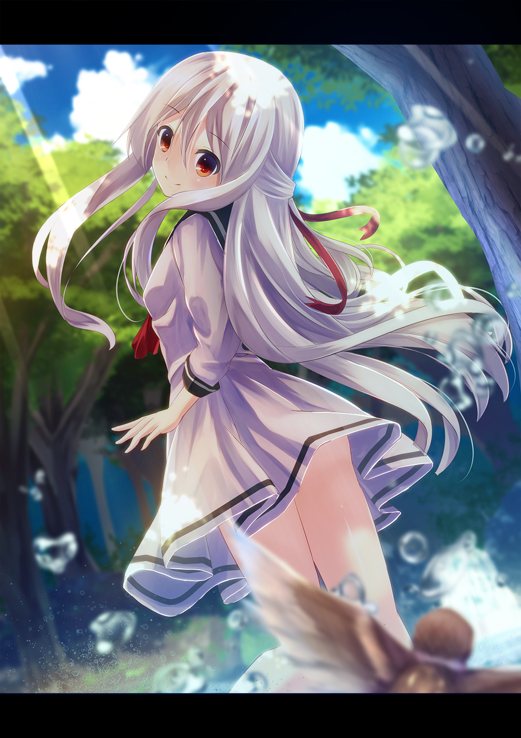 bad_id bad_pixiv_id bare_legs bird blue_sky blurry cloud cloudy_sky commentary day depth_of_field dress dutch_angle eyebrows_visible_through_hair forest from_behind hair_between_eyes hair_ribbon highres kagayannu letterboxed long_hair long_sleeves looking_at_viewer looking_back nature orange_eyes original outdoors red_neckwear red_ribbon ribbon sailor_dress sidelocks sky solo standing tree very_long_hair water water_drop waterfall white_hair