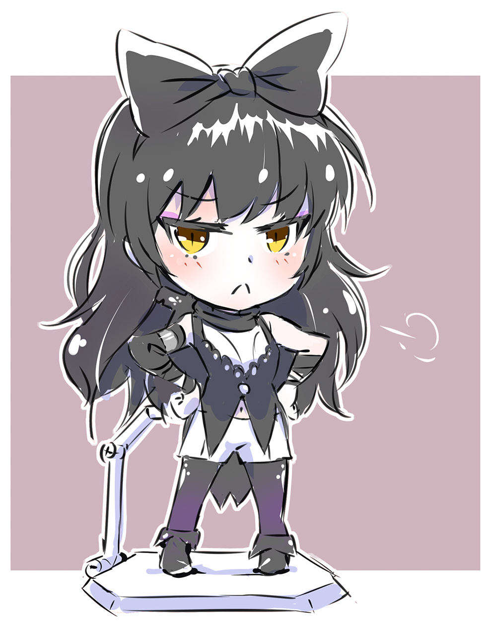 black_hair blake_belladonna bow figma figma_stand hair_bow highres iesupa long_hair looking_at_viewer nendoroid pantyhose pout rwby rwby_chibi solo yellow_eyes