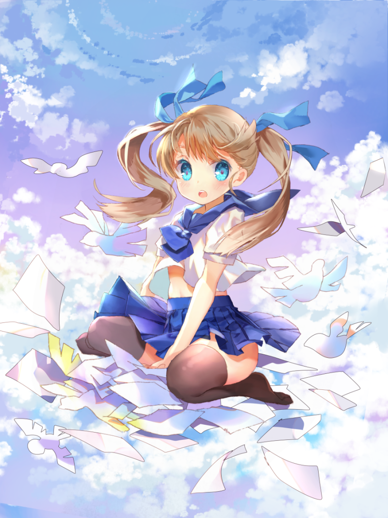 :o bangs bird black_legwear blue_eyes blue_neckwear blue_ribbon blue_skirt blush cloud cloudy_sky commentary_request day eyebrows_visible_through_hair flying hair_ribbon light_brown_hair long_hair looking_at_viewer looking_to_the_side mintchoco_(orange_shabette) neckerchief no_shoes open_mouth original paper pleated_skirt ribbon school_uniform serafuku shirt short_sleeves sitting skirt sky solo thighhighs twintails white_shirt wind wind_lift