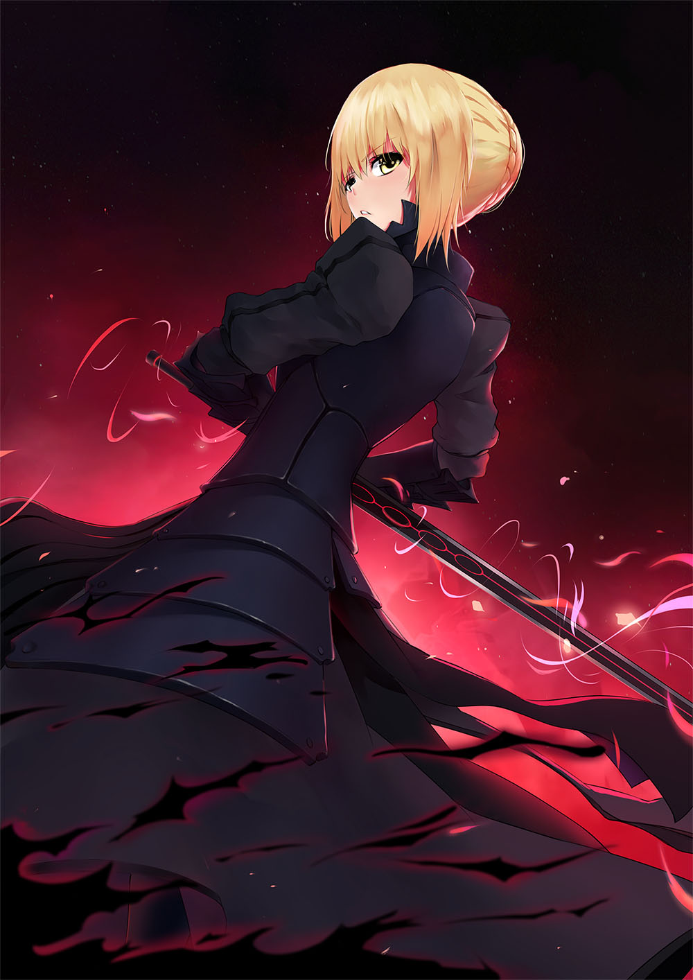 armor armored_dress artoria_pendragon_(all) bad_id bad_pixiv_id black_armor black_dress blonde_hair dark_excalibur dress dutch_angle fate/hollow_ataraxia fate_(series) highres looking_at_viewer parted_lips saber_alter short_hair solo standing yellow_eyes youyi_xijun