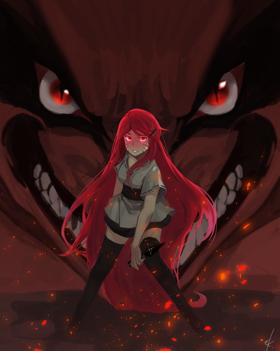 fangs glowing glowing_eyes hair_ornament hairclip kunai kurama_(naruto) long_hair looking_at_viewer monster naruto naruto_(series) naruto_shippuuden red_eyes red_hair rotka slit_pupils solo_focus thighhighs uzumaki_kushina very_long_hair weapon whisker_markings