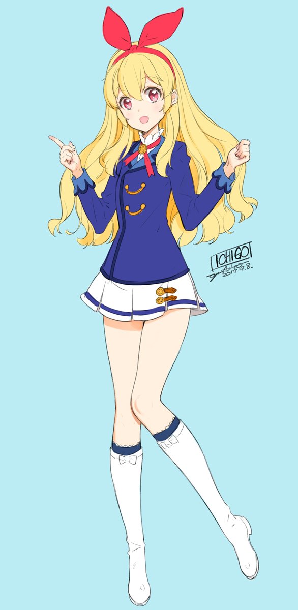 :d aikatsu! aikatsu!_(series) bangs blonde_hair blue_background blue_jacket boots character_name clenched_hand commentary_request dated eyebrows_visible_through_hair full_body hairband highres hoshimiya_ichigo index_finger_raised jacket knee_boots knees_together_feet_apart long_hair long_sleeves looking_at_viewer ooyari_ashito open_mouth pleated_skirt red_eyes school_uniform simple_background skirt smile solo standing standing_on_one_leg starlight_academy_uniform white_footwear