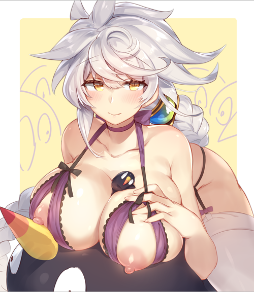 areolae between_breasts blush bra braid breast_suppress breasts choker collarbone commentary_request cupless_bra failure_penguin garter_straps hair_ornament kantai_collection large_breasts long_hair looking_at_viewer nipples purple_bra saliva silver_hair single_braid solo thighhighs underwear unryuu_(kantai_collection) very_long_hair white_legwear yamaarashi yellow_eyes
