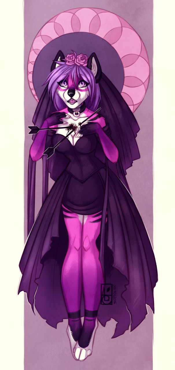 anthro arrow breasts canine clothed clothing collar felidre_(artist) female flower fox gown hair mammal plant purple_eyes purple_hair rose selene_leni veil