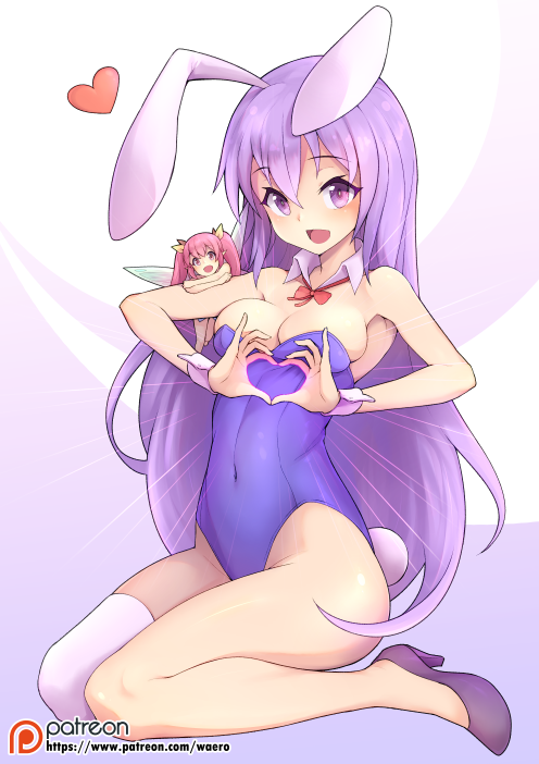 animal_ears bangs bare_shoulders blush breasts bunny_ears bunny_tail bunnysuit commentary_request detached_collar erina_(rabi-ribi) eyebrows_visible_through_hair fairy fairy_wings full_body hair_between_eyes heart heart_hands high_heels long_hair looking_at_viewer medium_breasts minigirl multiple_girls open_mouth pink_hair purple_eyes purple_footwear purple_hair rabi-ribi ribbon_(rabi-ribi) shoes single_thighhigh sitting smile tail thighhighs twintails very_long_hair waero wariza watermark web_address white_legwear wings wrist_cuffs