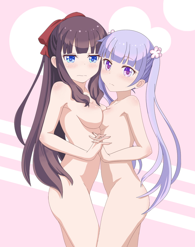 ao_(korindou) asymmetrical_docking blue_eyes blush breast_press breasts brown_hair cleavage collarbone cowboy_shot embarrassed eyebrows_visible_through_hair hair_ornament hair_ribbon heart holding_hands interlocked_fingers long_hair looking_at_viewer medium_breasts multiple_girls new_game! nude purple_eyes purple_hair red_ribbon ribbon shiny shiny_skin sideboob small_breasts standing suzukaze_aoba take_your_pick takimoto_hifumi twintails very_long_hair yuri