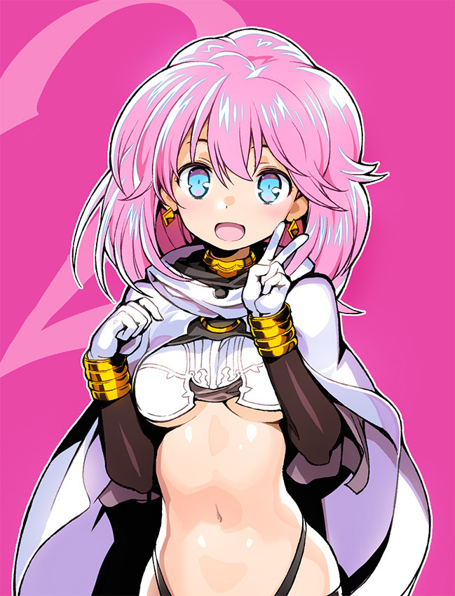 :d blue_eyes breasts cape earrings gloves jewelry looking_at_viewer medium_breasts midriff navel open_mouth pink_hair rance_(series) shunin sill_plain smile solo standing underboob v white_cape white_gloves
