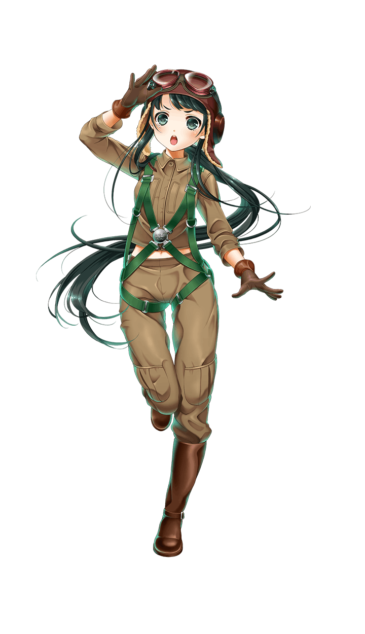 :o aviator_cap boots brown_footwear brown_gloves formation_girls fubuki_maya full_body gloves goggles goggles_on_headwear green_eyes green_hair highres kamura_poku long_hair looking_at_viewer low_ponytail midriff navel salute solo transparent_background v-shaped_eyebrows very_long_hair