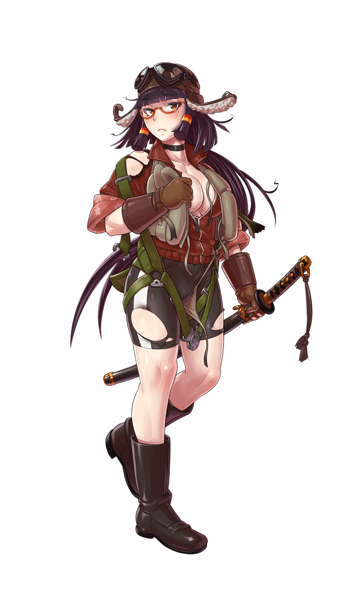 aviator_cap bangs bike_shorts black_hair blunt_bangs blush breasts brown_eyes brown_gloves cleavage covering covering_breasts eyebrows_visible_through_hair formation_girls full_body glasses gloves goggles goggles_on_headwear highres holding holding_sword holding_weapon jacket katana large_breasts long_hair looking_at_viewer mikoyan mole mole_under_eye oomachi_yuuko open_clothes open_jacket red-framed_eyewear semi-rimless_eyewear sidelocks solo sword torn_clothes transparent_background very_long_hair weapon