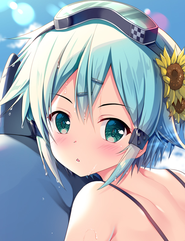blue_hair blush chestnut_mouth close-up commentary_request day eyebrows_visible_through_hair flower goggles goggles_on_head green_eyes hair_between_eyes hair_flower hair_ornament looking_at_viewer outdoors sinon solo sousouman swimsuit sword_art_online water_drop