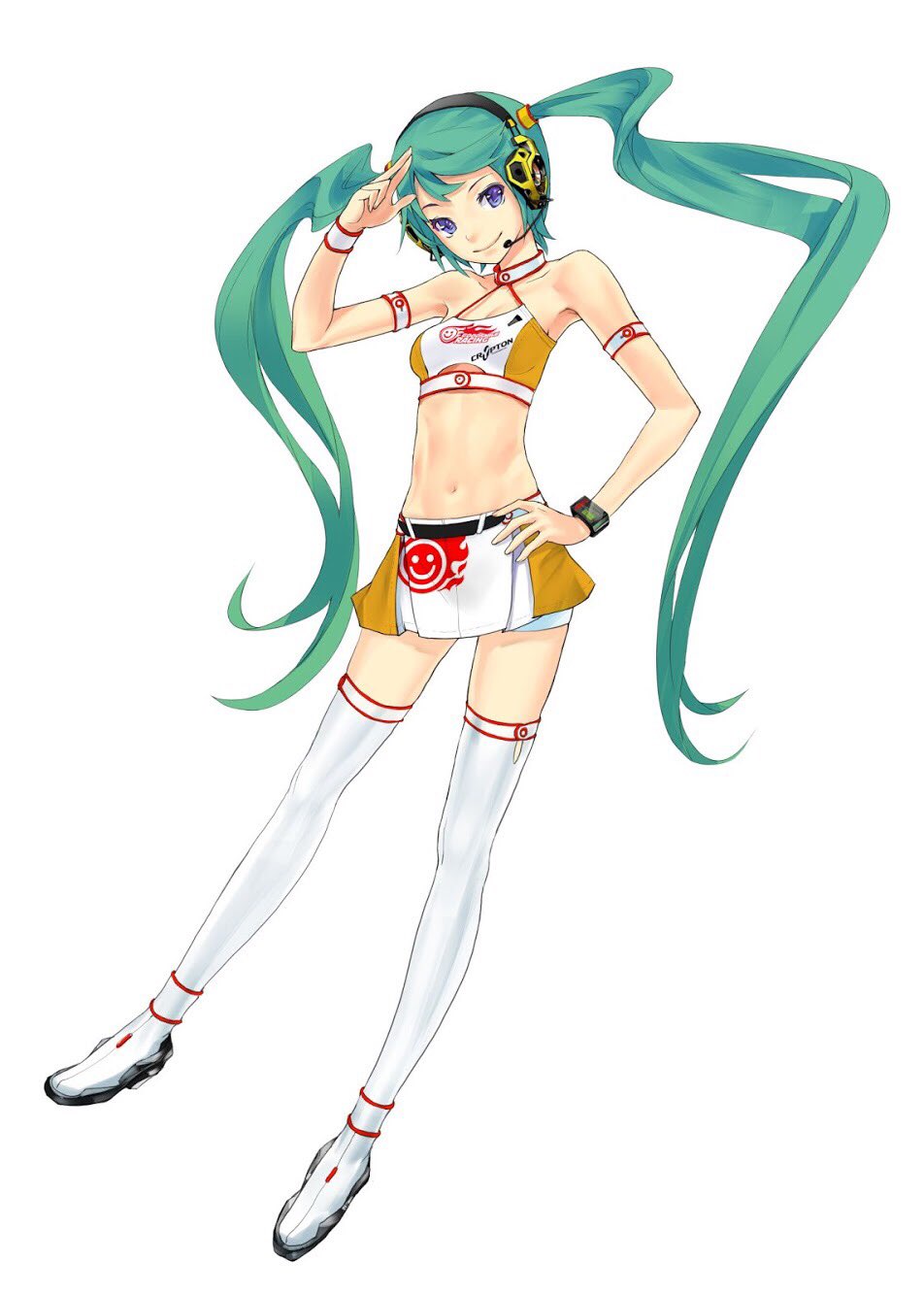 aqua_hair arm_strap blue_eyes boots crop_top full_body goodsmile_racing halterneck hand_on_hip hatsune_miku headphones highres long_hair looking_at_viewer midriff miniskirt navel official_art race_queen racing_miku racing_miku_(2010) redjuice salute simple_background skirt solo thigh_boots thighhighs twintails two-finger_salute very_long_hair vocaloid white_background white_legwear