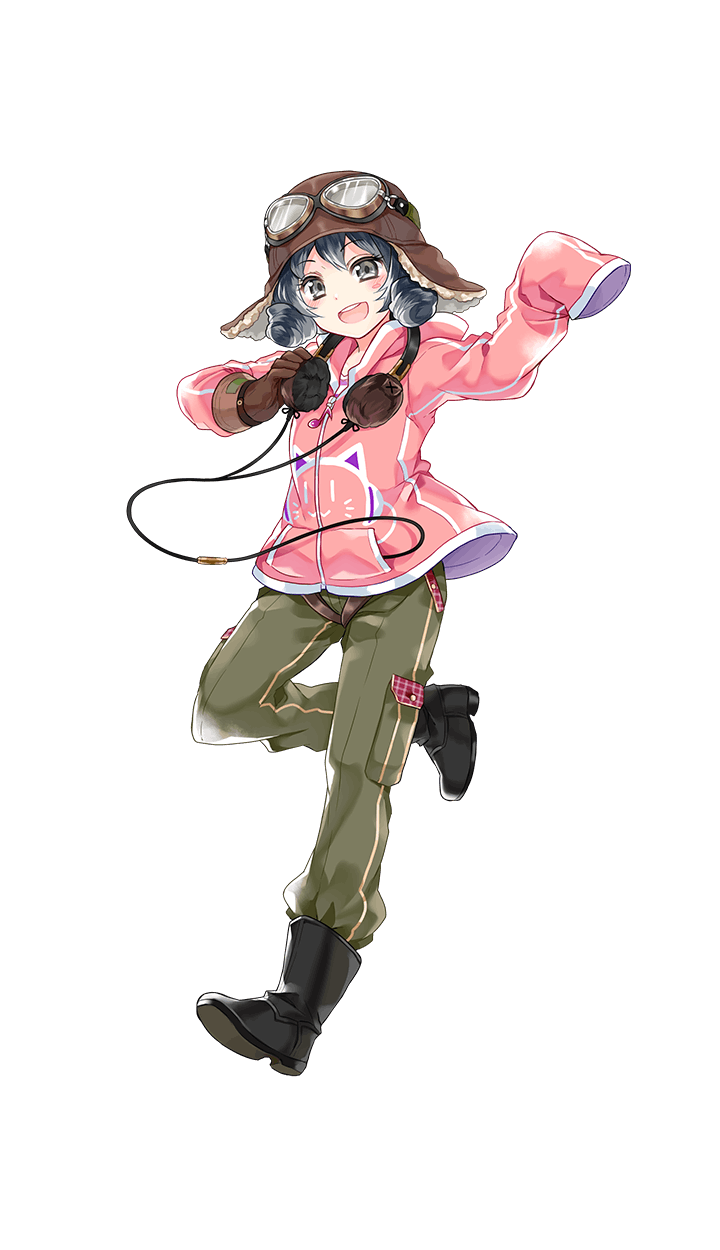 :d aviator_cap black_footwear black_hair boots brown_gloves drill_hair earphones formation_girls full_body gloves goggles goggles_on_headwear grey_eyes highres hood hoodie looking_at_viewer official_art open_mouth ririkuto sleeves_past_wrists smile takato_matsuri transparent_background twin_drills