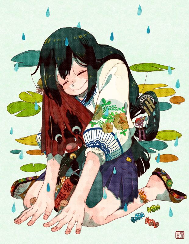 ^_^ asui_tsuyu boku_no_hero_academia closed_eyes feet fingernails food full_body green_hair hair_rings japanese_clothes karakasa_obake kimono lily_pad long_hair low-tied_long_hair nekodou_(yukatin1000) seiza sitting slippers smile solo sweets torn_umbrella umbrella water_drop