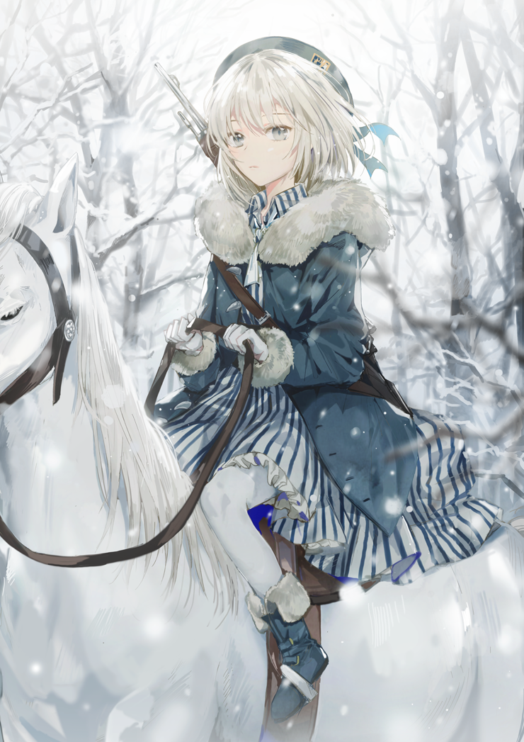 bangs blue_dress boots closed_mouth coat commentary_request dangmill dress frills fur_boots fur_collar fur_trim grey_eyes grey_hair gun hat horse horseback_riding looking_at_viewer md5_mismatch open_clothes open_coat original outdoors pantyhose riding rifle silver_eyes silver_hair skirt snow solo striped striped_dress tsurime weapon white_legwear winter_clothes