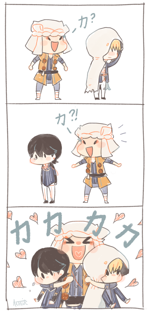 3koma :d aonik black_hair blonde_hair blue_hair cloak comic heart heart_in_mouth horikawa_kunihiro hug male_focus multiple_boys open_mouth pom_poms simple_background smile tearing_up touken_ranbu translation_request wavy_mouth yamabushi_kunihiro yamanbagiri_kunihiro