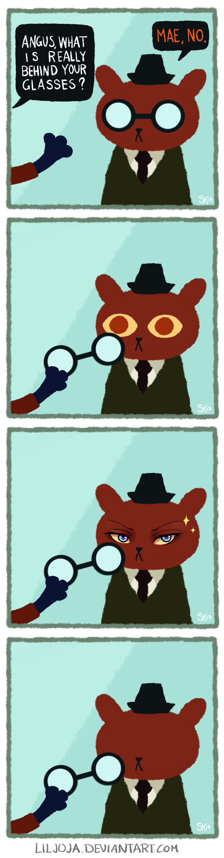 2017 angus_(nitw) angus_eyes anime anthro bear cat clothed clothing comic dialogue english_text eye_reveal eyeless eyewear fedora feline fully_clothed glasses hat holding_object humor invalid_tag liljoja_(artist) mae_(nitw) mammal necktie night_in_the_woods nightmare_eyes parody paws reveal shirt sparkle speech_bubble sweater text twinkle video_games