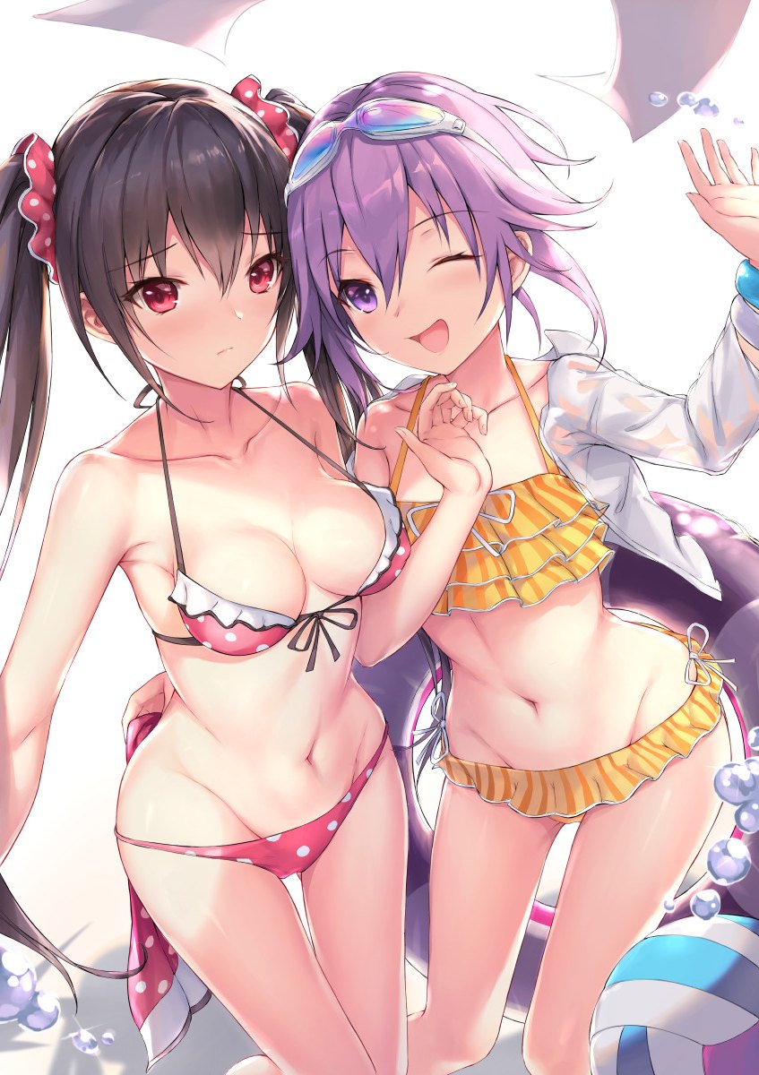 ;d arm_up bangs bikini black_hair blush breasts choujigen_game_neptune collarbone commentary_request cropped_jacket eyebrows_visible_through_hair frilled_bikini frills front-tie_bikini front-tie_top goggles goggles_on_head hair_between_eyes hand_up highres hips jacket long_hair looking_at_viewer medium_breasts multiple_girls navel neptune_(choujigen_game_neptune) neptune_(series) noire one_eye_closed open_clothes open_jacket open_mouth parfaitlate pink_bikini purple_eyes purple_hair red_eyes short_hair side-tie_bikini sidelocks smile swimsuit thighs tsurime twintails volleyball water_drop yellow_bikini