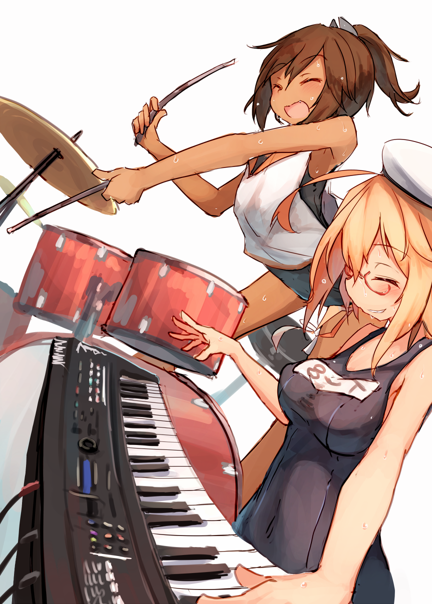 :d beize_(garbage) beret blonde_hair brown_hair closed_eyes commentary_request cymbals drum drum_set drumsticks fang glasses hat highres i-401_(kantai_collection) i-8_(kantai_collection) instrument kantai_collection keyboard_(instrument) multiple_girls old_school_swimsuit one-piece_swimsuit open_mouth ponytail red-framed_eyewear school_swimsuit school_uniform serafuku simple_background smile swimsuit swimsuit_under_clothes wet white_background