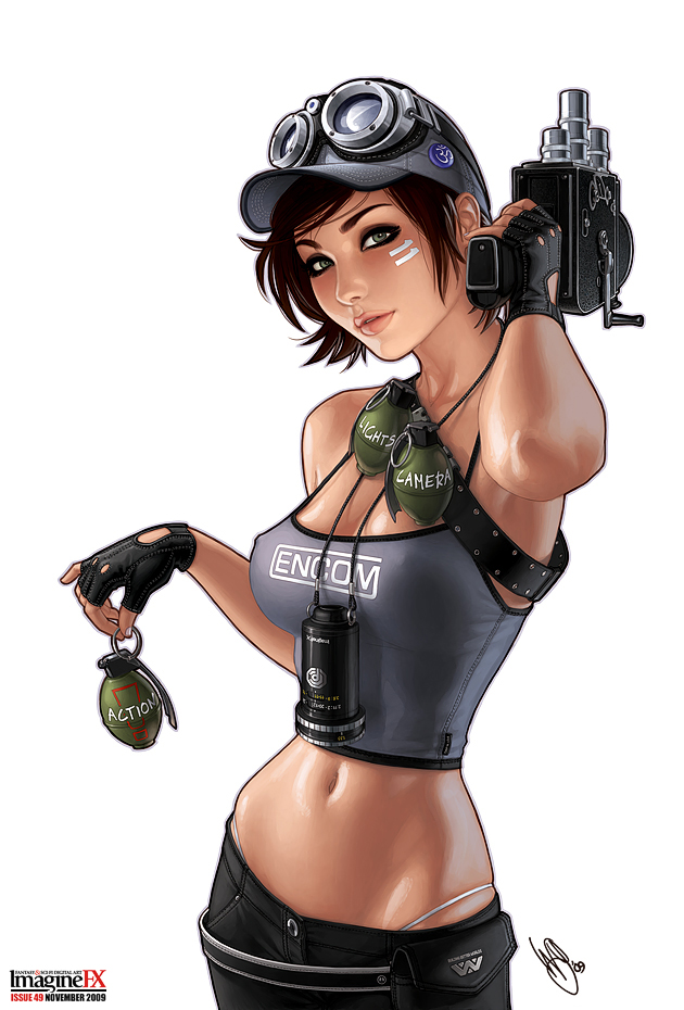2009 alien_(movie) aliens baseball_cap becky_(imaginefx) belt_pouch breasts brown_hair camera camisole clothes_writing commentary covered_nipples encom explosive fingerless_gloves gloves goggles goggles_on_head grenade hat highleg highleg_panties imaginefx lips looking_at_viewer mascot medium_breasts midriff movie_camera navel november ocp panties parted_lips pouch realistic robocop shiny shiny_skin short_hair signature simple_background skindentation solo strap_gap tattoo tron underwear warren_louw weyland-yutani